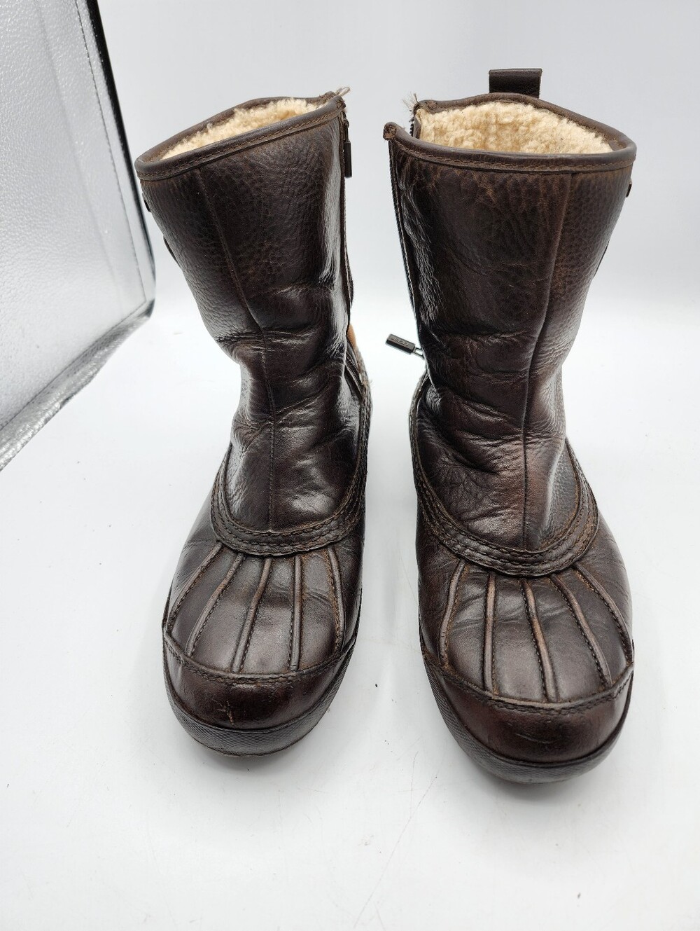 UGG Brown Leather Sheepskin Shearling-Lined Winter Boots with Side Zip